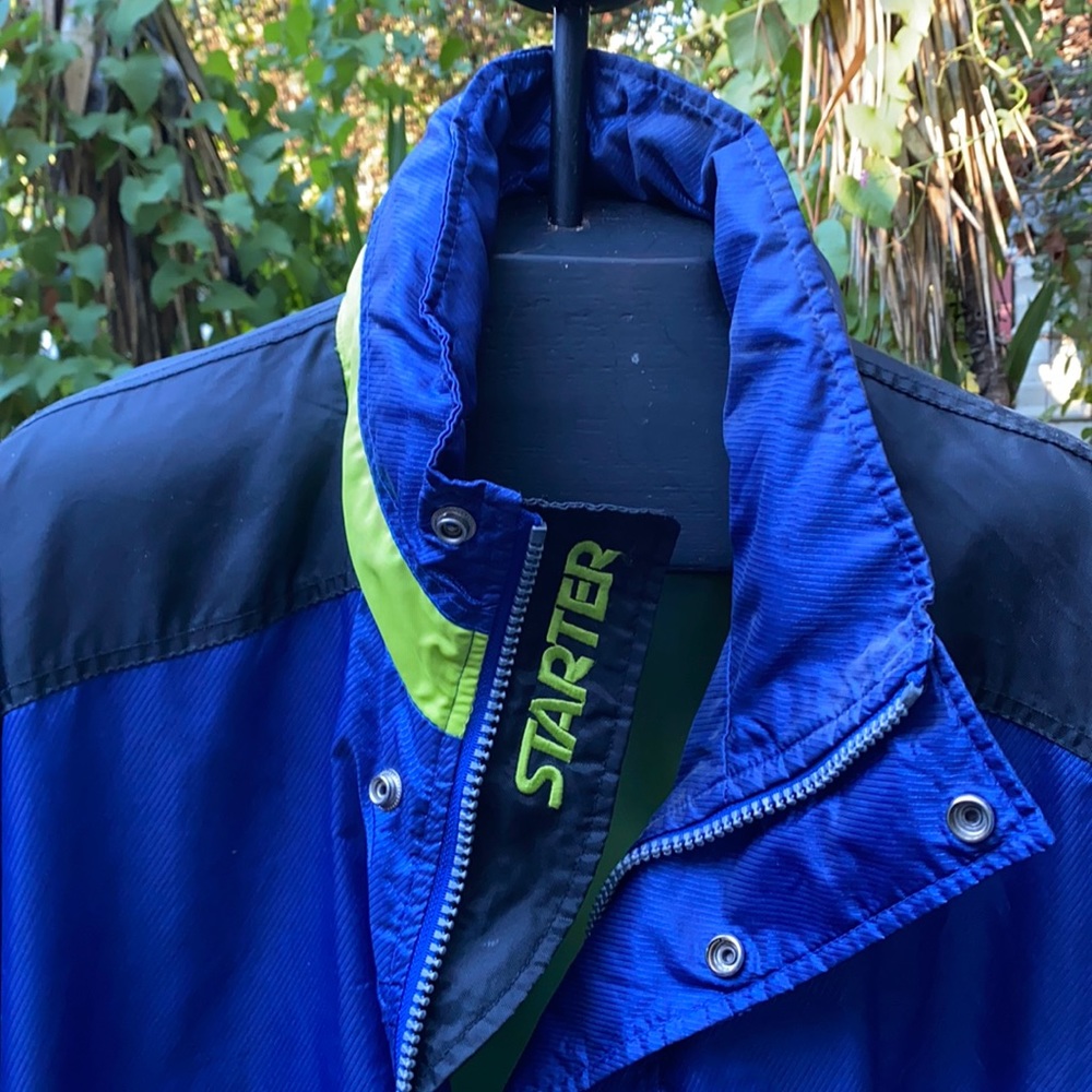 Starter jacket, blue, black and neon green.   Pullover